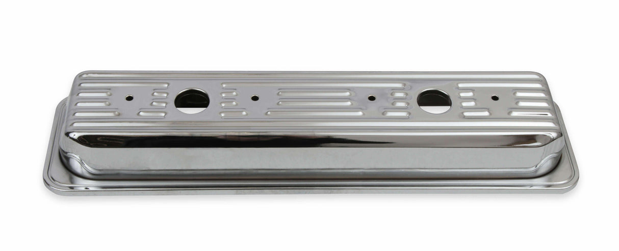 Mr. Gasket chrome valve covers finned SBC Chevy steel 9415