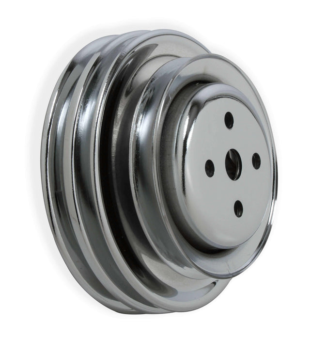 Mr. Gasket chrome water pump pulley triple groove Ford black steel 8829