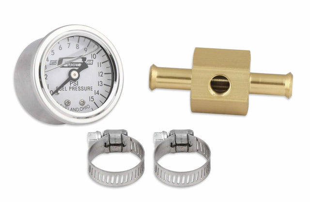 Mr. Gasket fuel block with 0 15 PSI liquid filled fuel pressure gauge 1-1/2 inch diameter black aluminum 1564