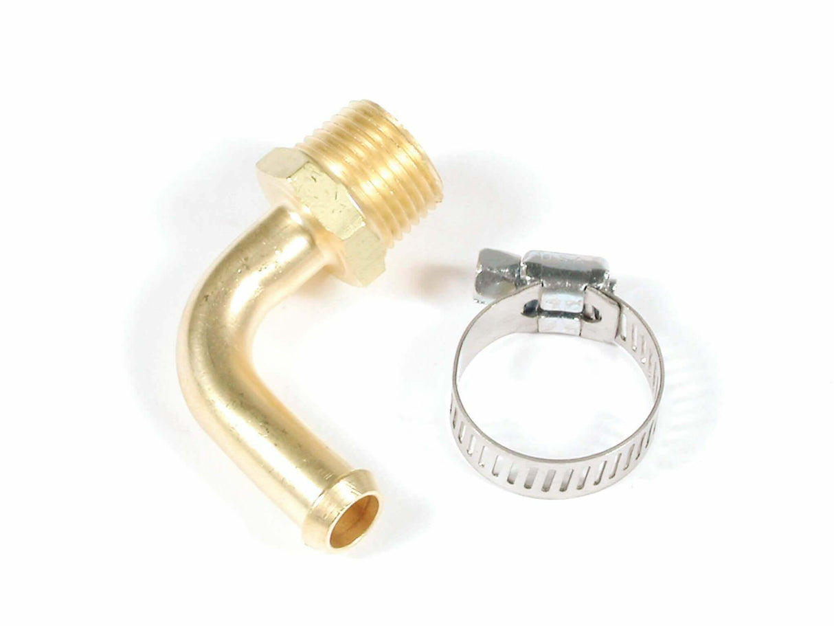 Mr. Gasket fuel line fitting 3/8 inchnpt to 3/8inch hosebarb 90 degreebrass stainless steel 2966