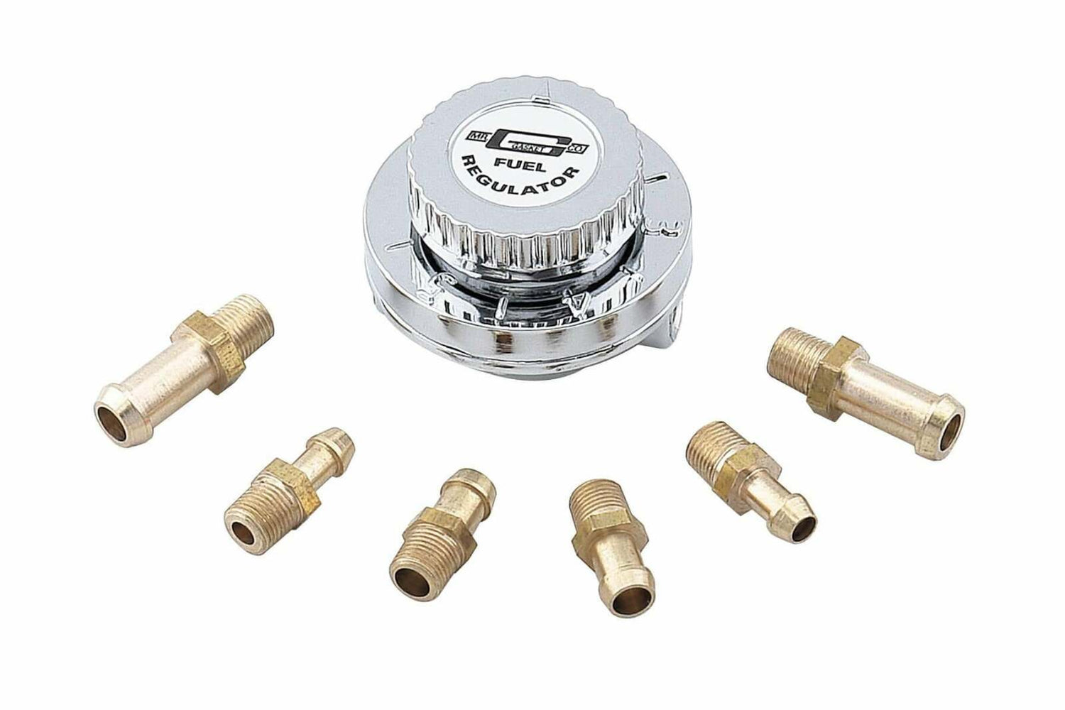 Mr. Gasket fuel pressure regulator ; 1 6 PSI returnless chrome for gasoline carburetor 2-1/4 inch diameter aluminum 9710