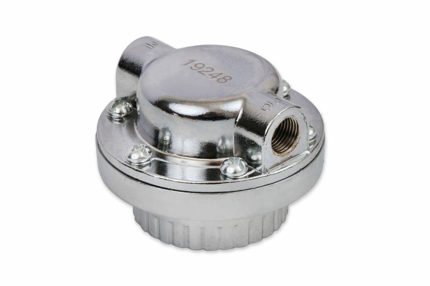 Mr. Gasket fuel pressure regulator ; 1 6 PSI returnless chrome for gasoline carburetor 2-1/4 inch diameter aluminum 9710