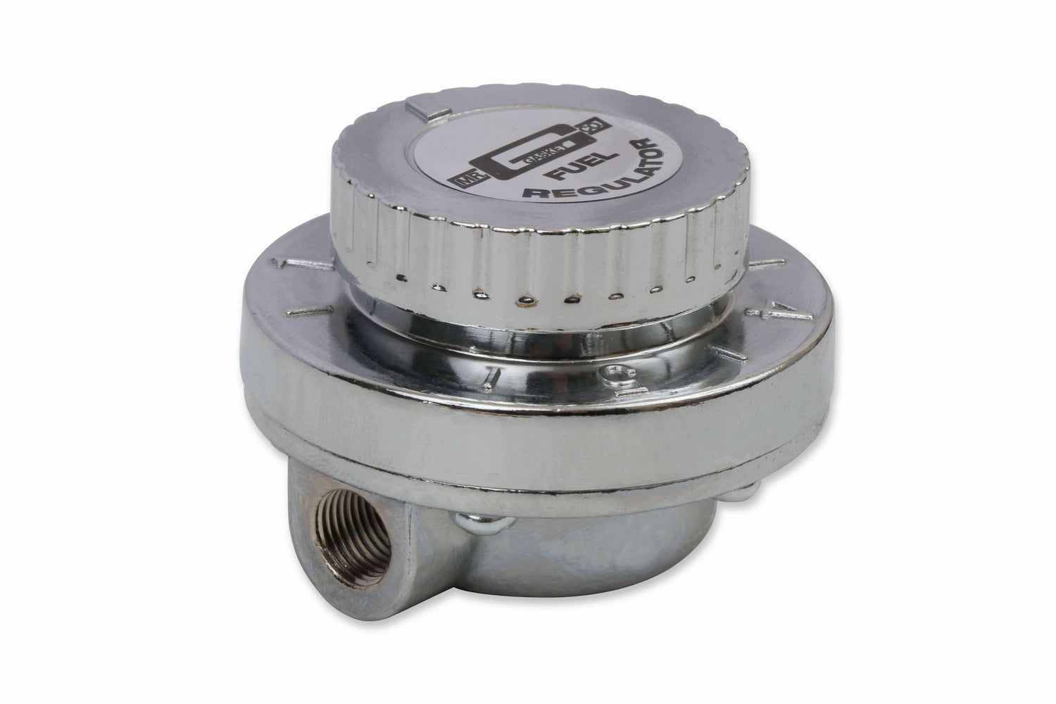 Mr. Gasket fuel pressure regulator ; 1 6 PSI returnless chrome for gasoline carburetor 2-1/4 inch diameter aluminum 9710