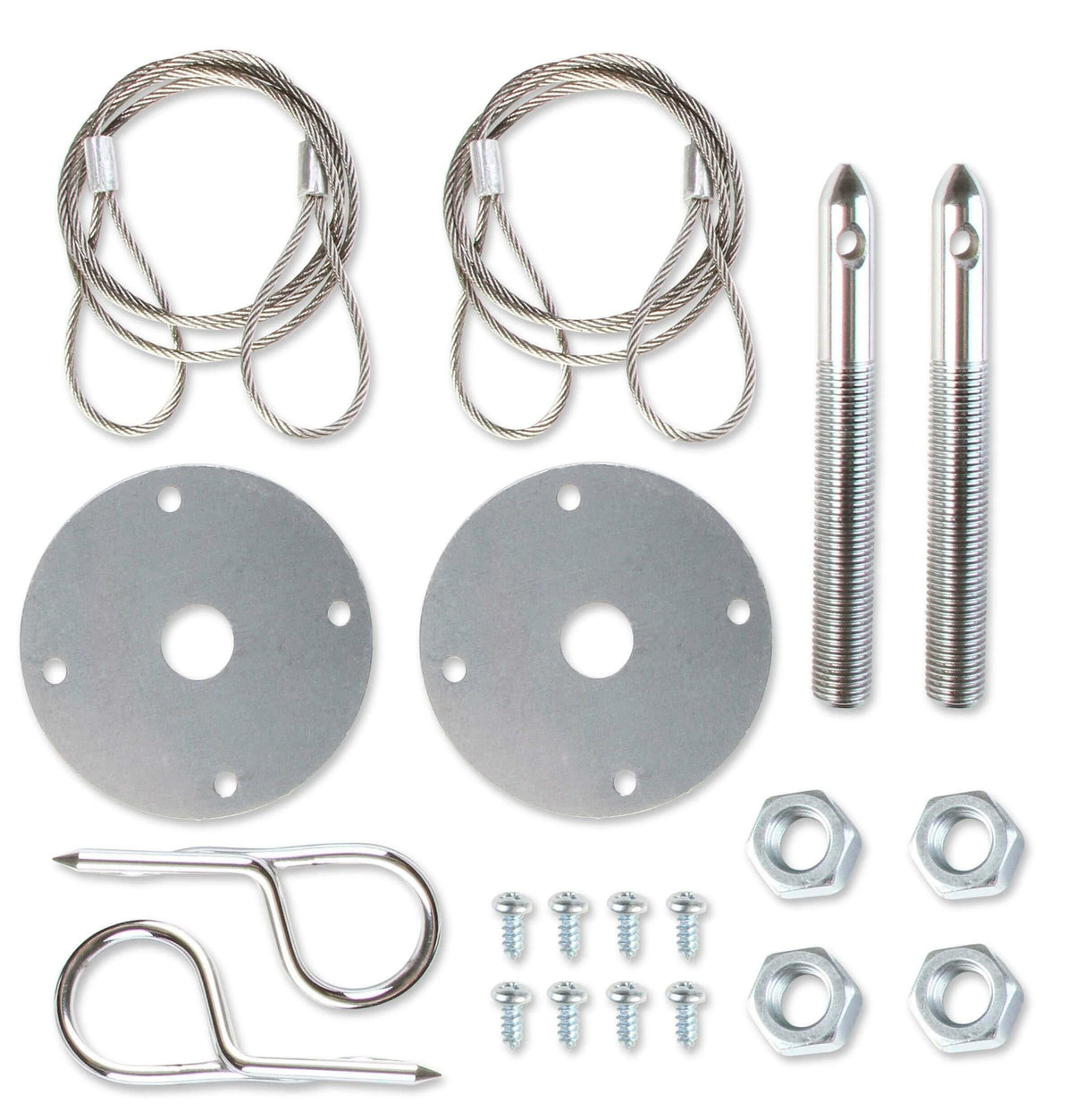 Mr. Gasket hood or deck pin kit competition with lanyards chrome steel 1616