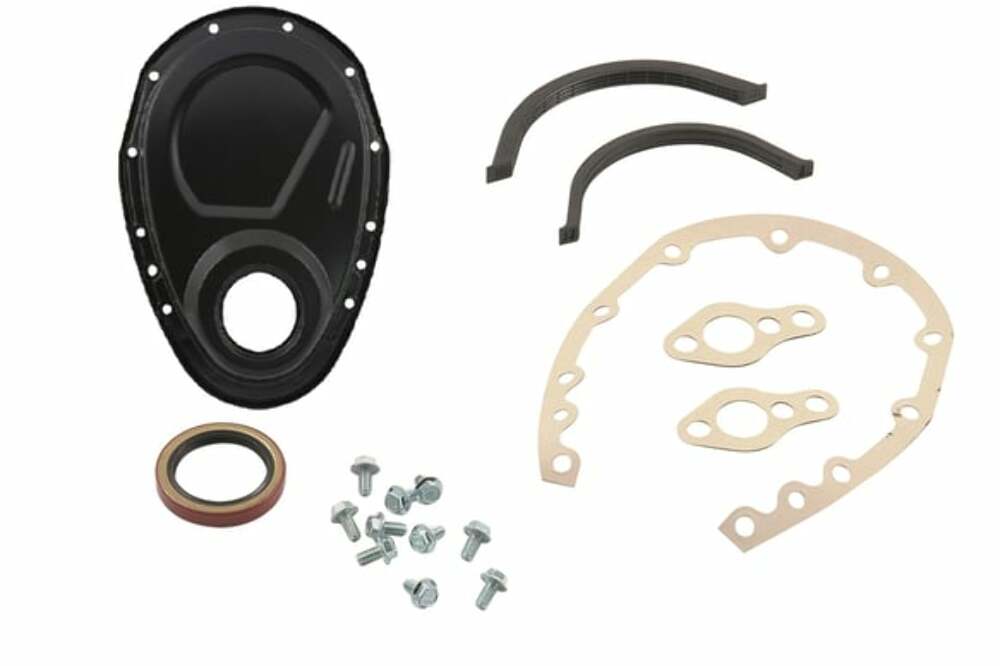 Mr. Gasket timing cover kit flat black small block Chevy 4590BP SBC steel 2493