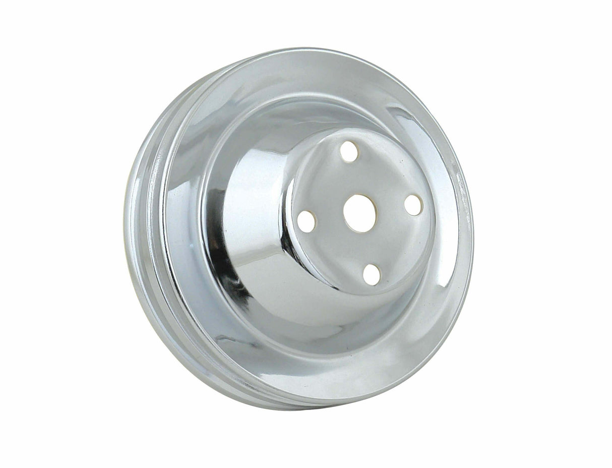 Mr. Gasket water pump pulley chrome double groove SBC Chevy steel 4975