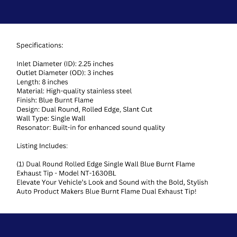 2.25" ID/3" OUT/8" Single Wall w/Resonator Slant Cut Exhaust Tip-Blue NT-1630BL