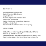 2.25" ID/3" OUT/8" Single Wall w/Resonator Slant Cut Exhaust Tip-Blue NT-1630BL