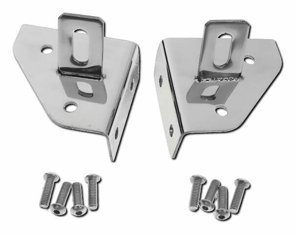 RT Off-Road windshield light mount bracket set fits 1976-1983 Jeep CJ5, 1976-1986 Jeep CJ7, 1981-1986 Jeep CJ8 stainless steel polished bolt-on includes hardware RT34018