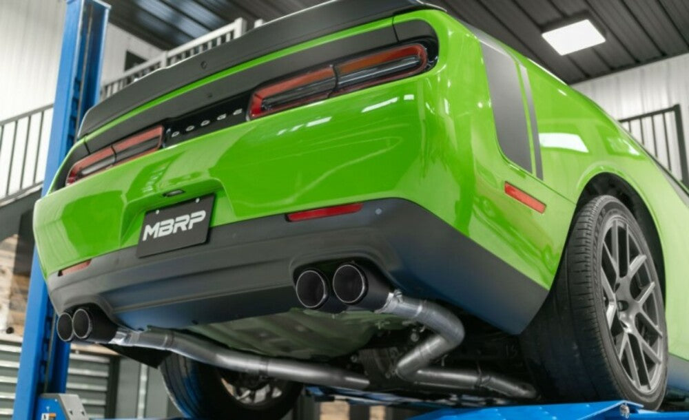Fits 2017-2018 Dodge Challenger 3in. Cat Back; Dual Rear; Quad Tips - S71143CF