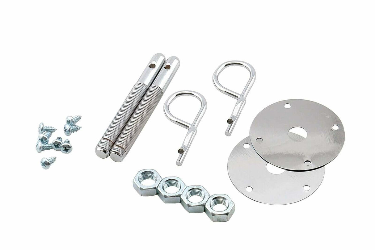 Mr. Gasket trans am camaro hood pin kit 7/16 w/ SAFETY PINS w/ SCREW IN PLATES 7/16-20 thread chrome steel 2493