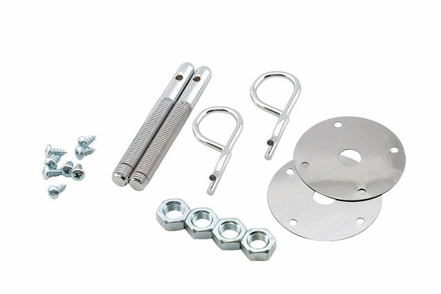 Mr. Gasket trans am camaro hood pin kit 7/16 w/ SAFETY PINS w/ SCREW IN PLATES 7/16-20 thread chrome steel 2493