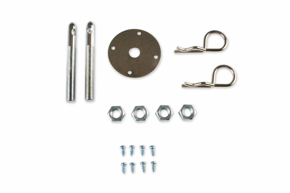 Mr. Gasket trans am camaro hood pin kit 7/16 w/ SAFETY PINS w/ SCREW IN PLATES 7/16-20 thread chrome steel 2493