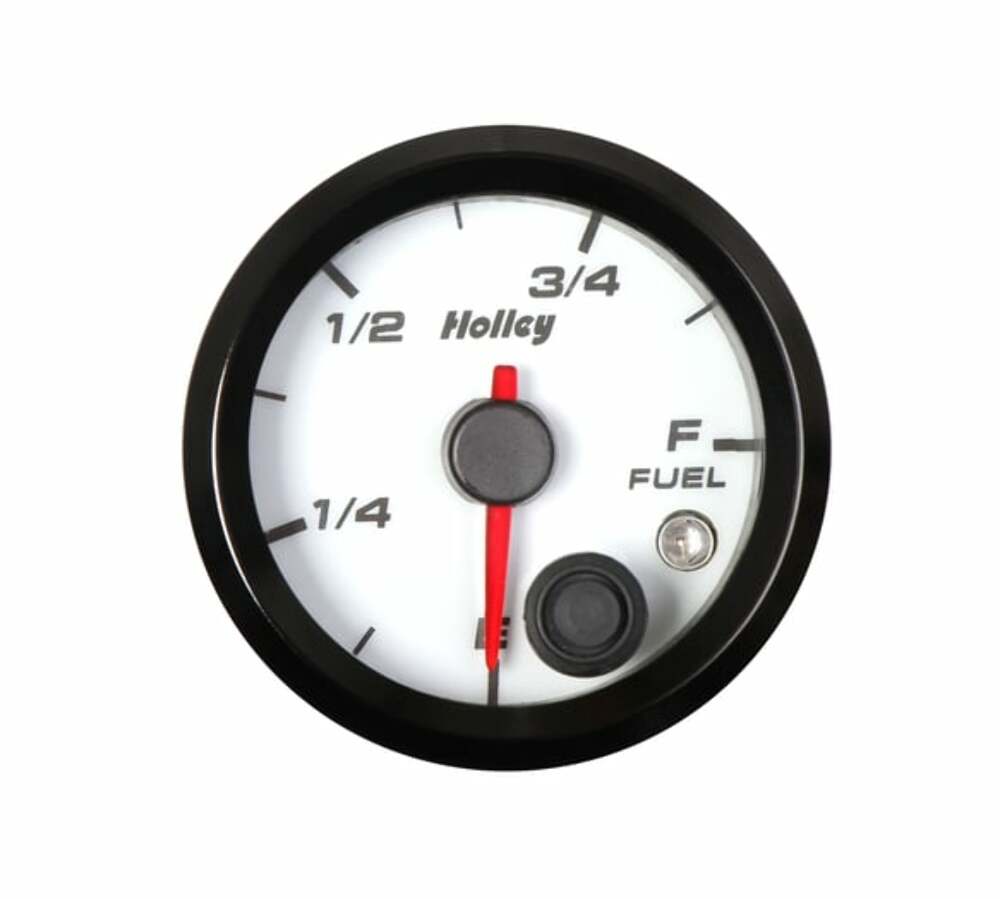Holley White Face 2-1/16" Fuel Level Gauge- logo 26-614W black aluminum