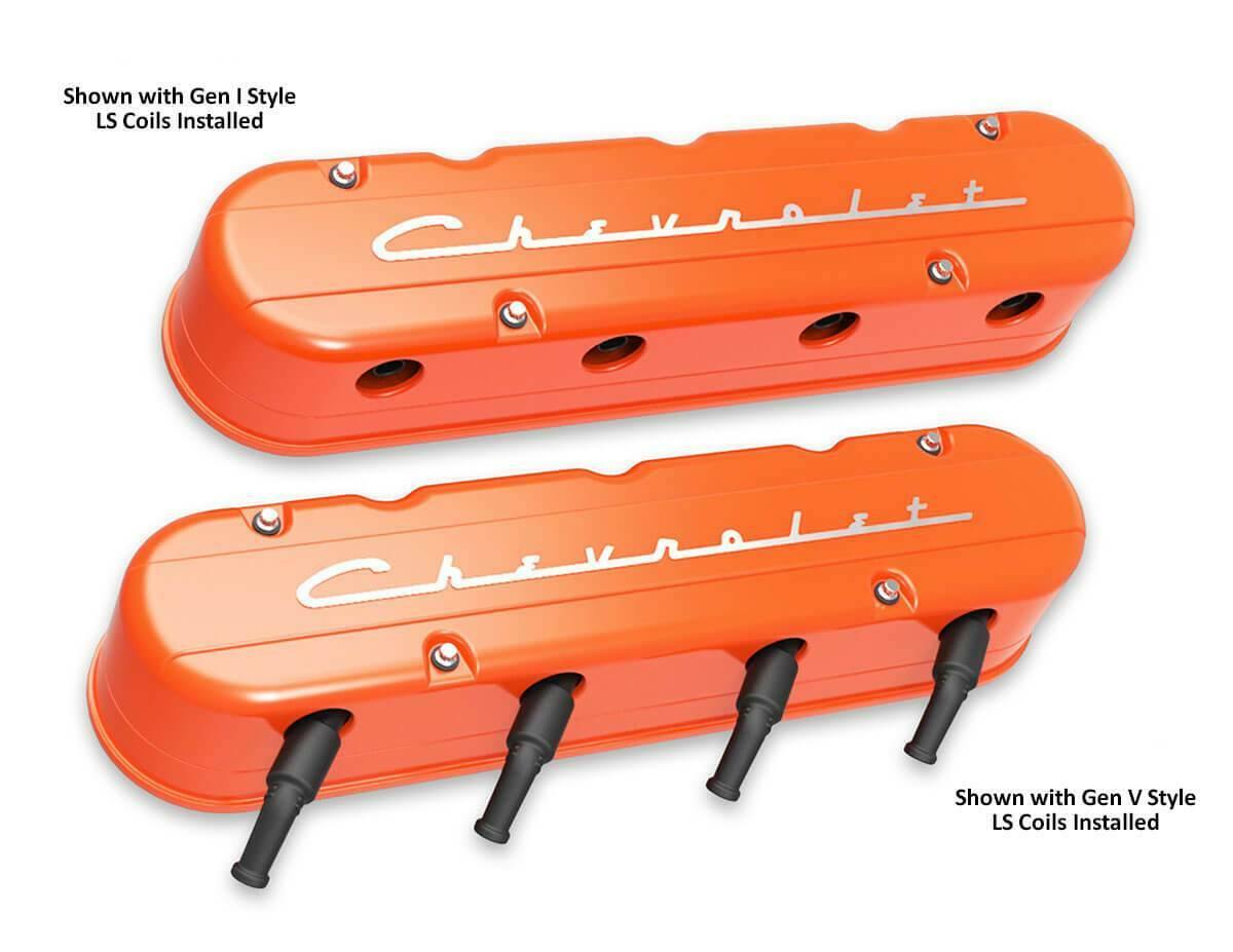 2-Pc LS Chevrolet Script Valve Covers - Factory Orange Machined Finish 241-178