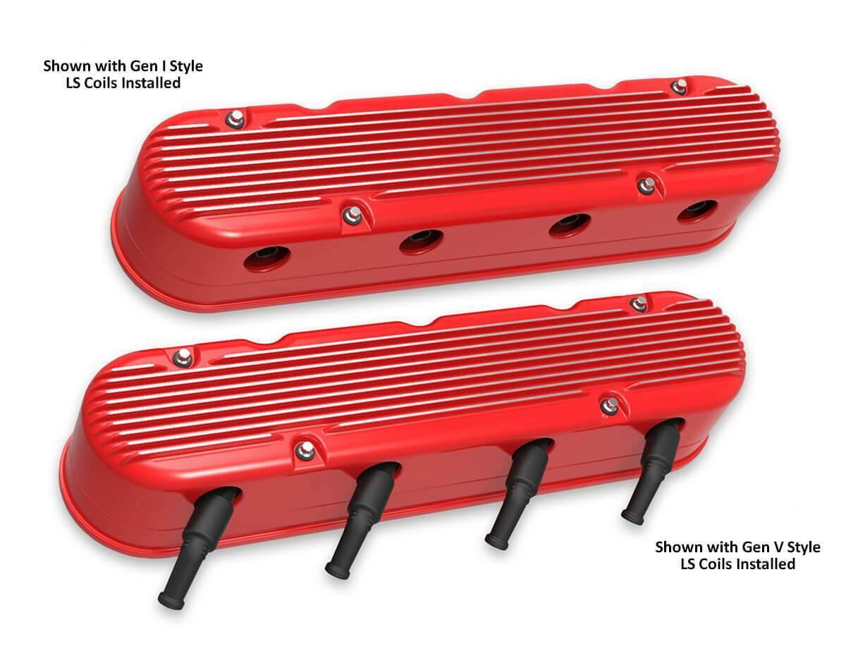 2-Pc LS Finned Valve Covers - Gloss Red Finish with Machined Fins - 241-184