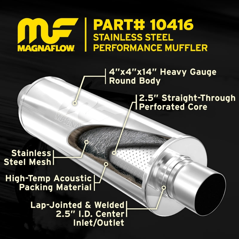 2.5 C/C - 4 Round 14 Body MagnaFlow Performance Exahust Muffler SS 10416